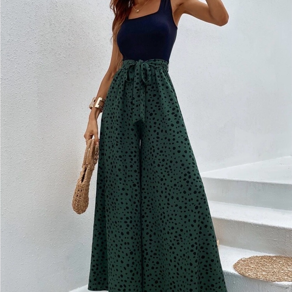 SHEIN Dark Green & Black Polka Dot High-Waist Wide-Leg Pants
